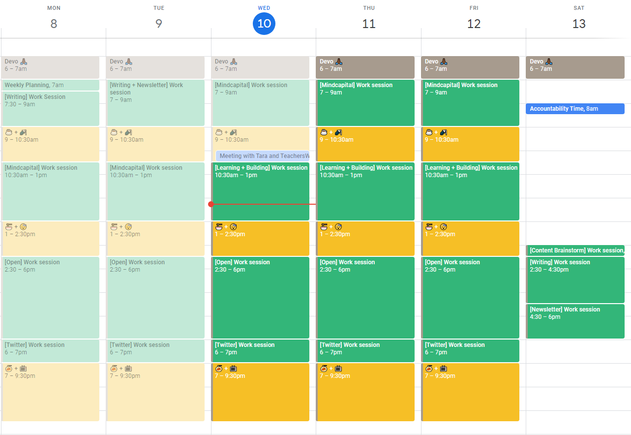 A Screenshot of my Google Calendar showing time blocks