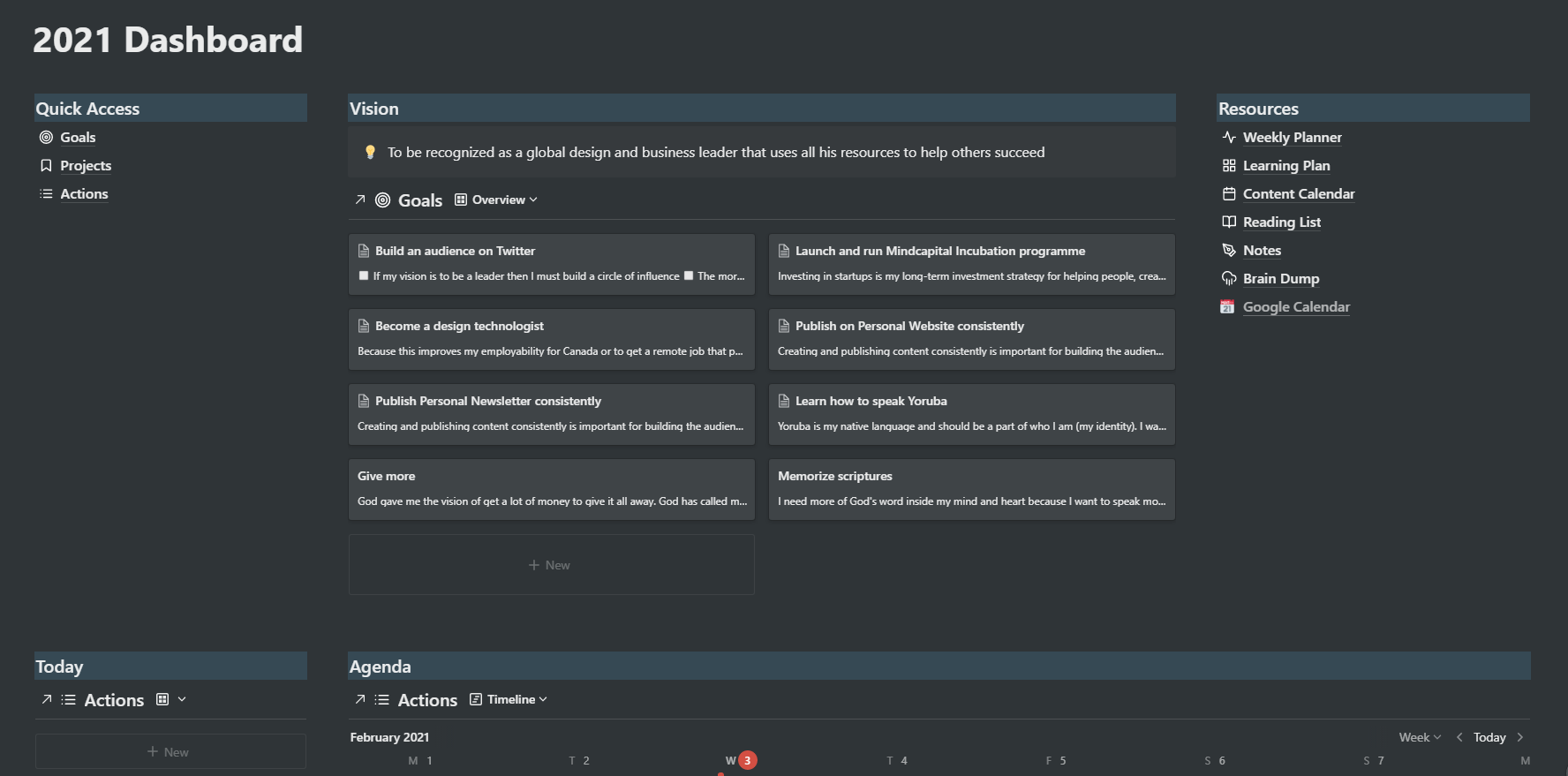 Personal Notion Dashboard for 2021